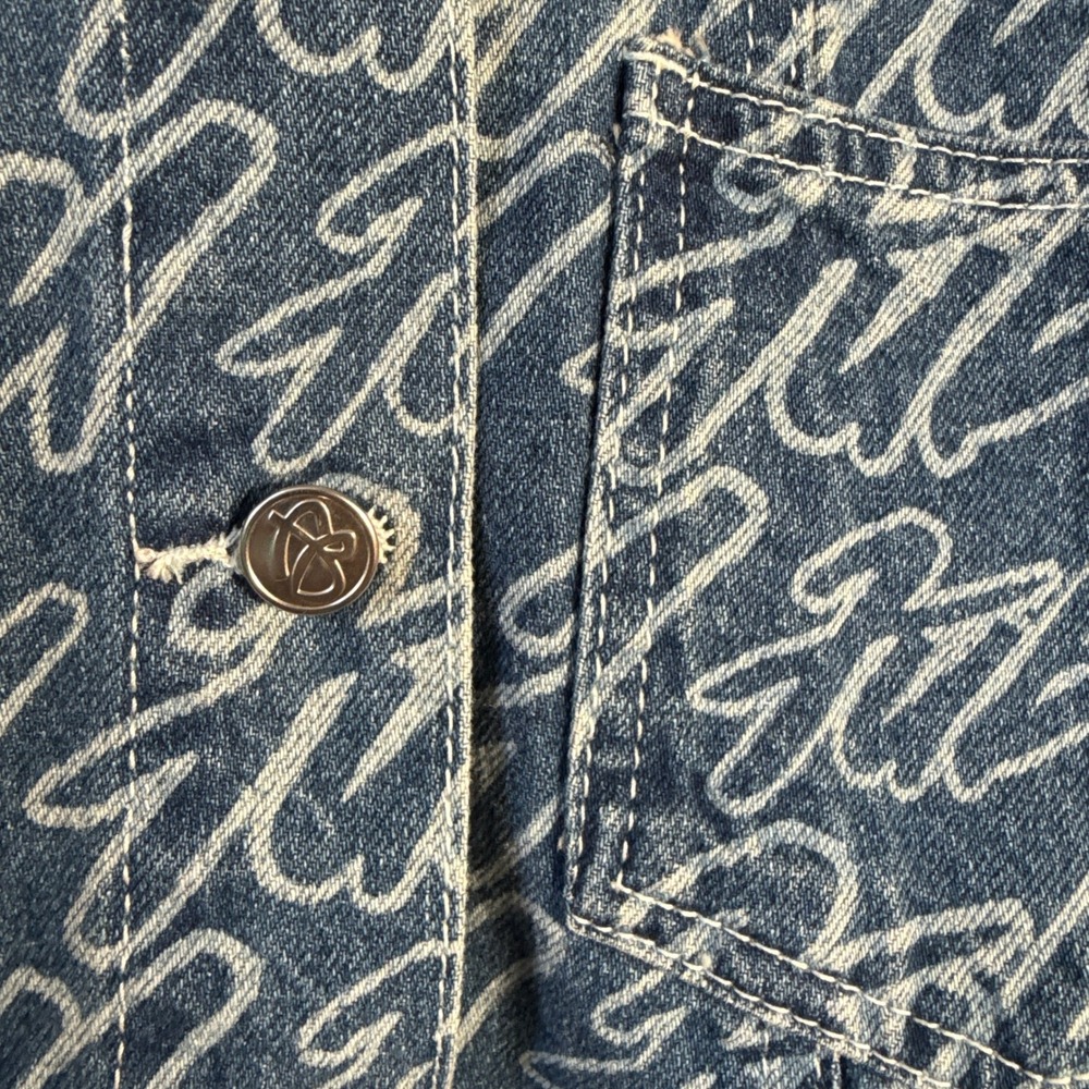 Forever 21 x FUBU Denim Jacket Womens Small Blue Excellent Cropped Logo Print - Picture 2 of 8